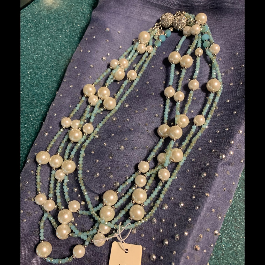Convertible Multi-Layer Pearl Necklace In Aqua By Saachi
